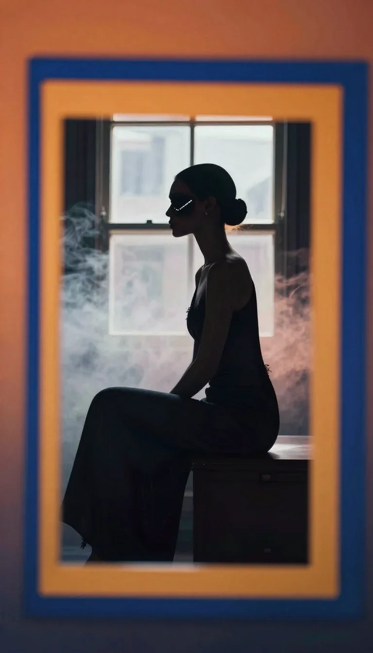 a couture catwalk muse with razor cheekbones in a seated silhouette against a window, in a smoke-lit photo studio, Natio