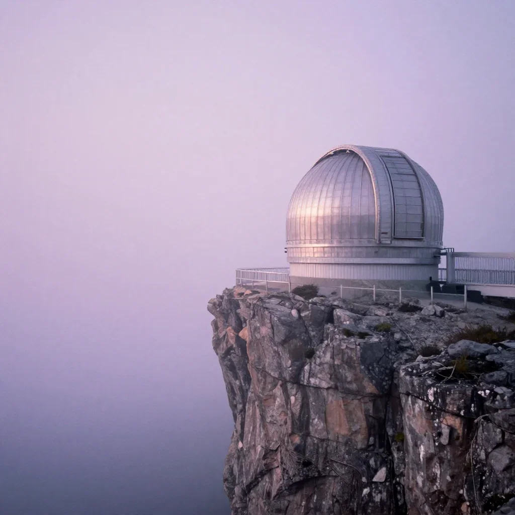 a cliffside observatory under soft dawn fog, dreamlike fine-art landscape photography, subtle film grain, lavender and s