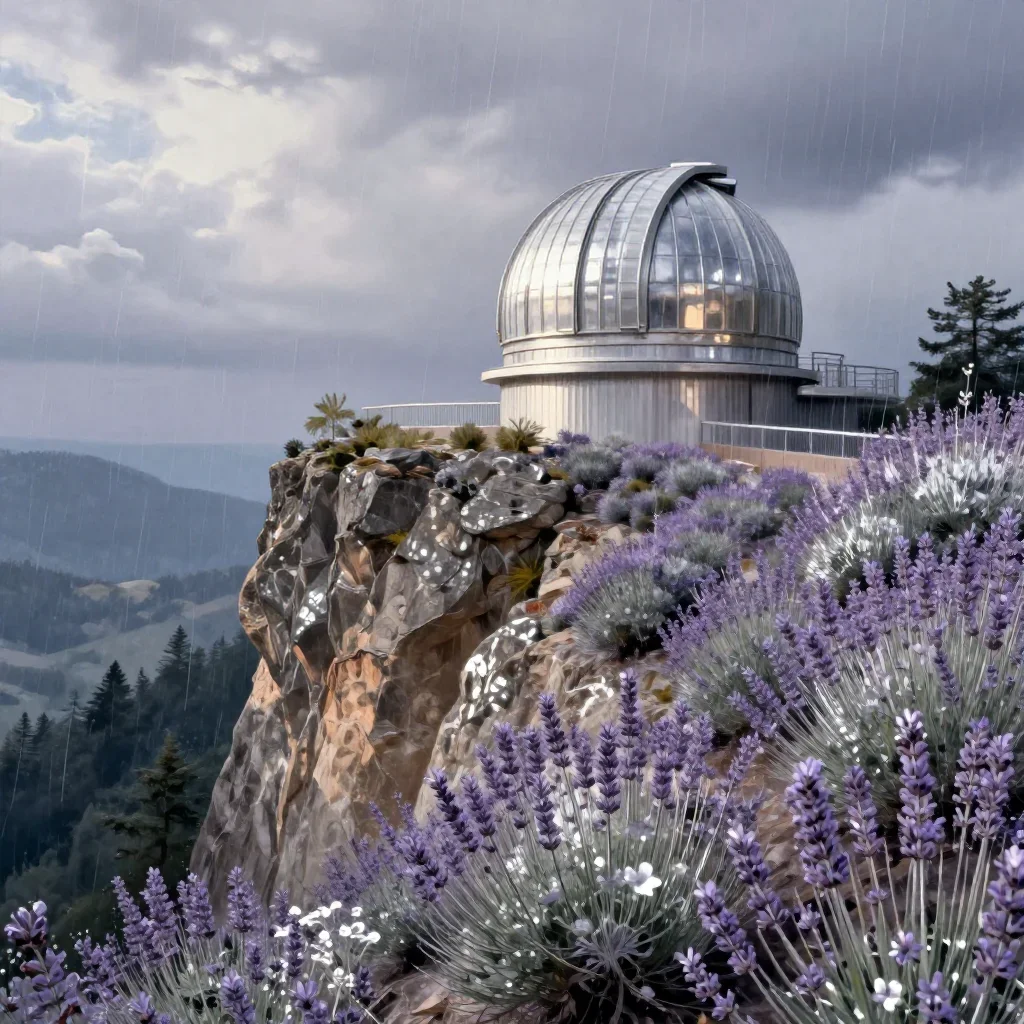 a cliffside observatory after warm summer rain, contemporary botanical illustration, subtle film grain, lavender and sil