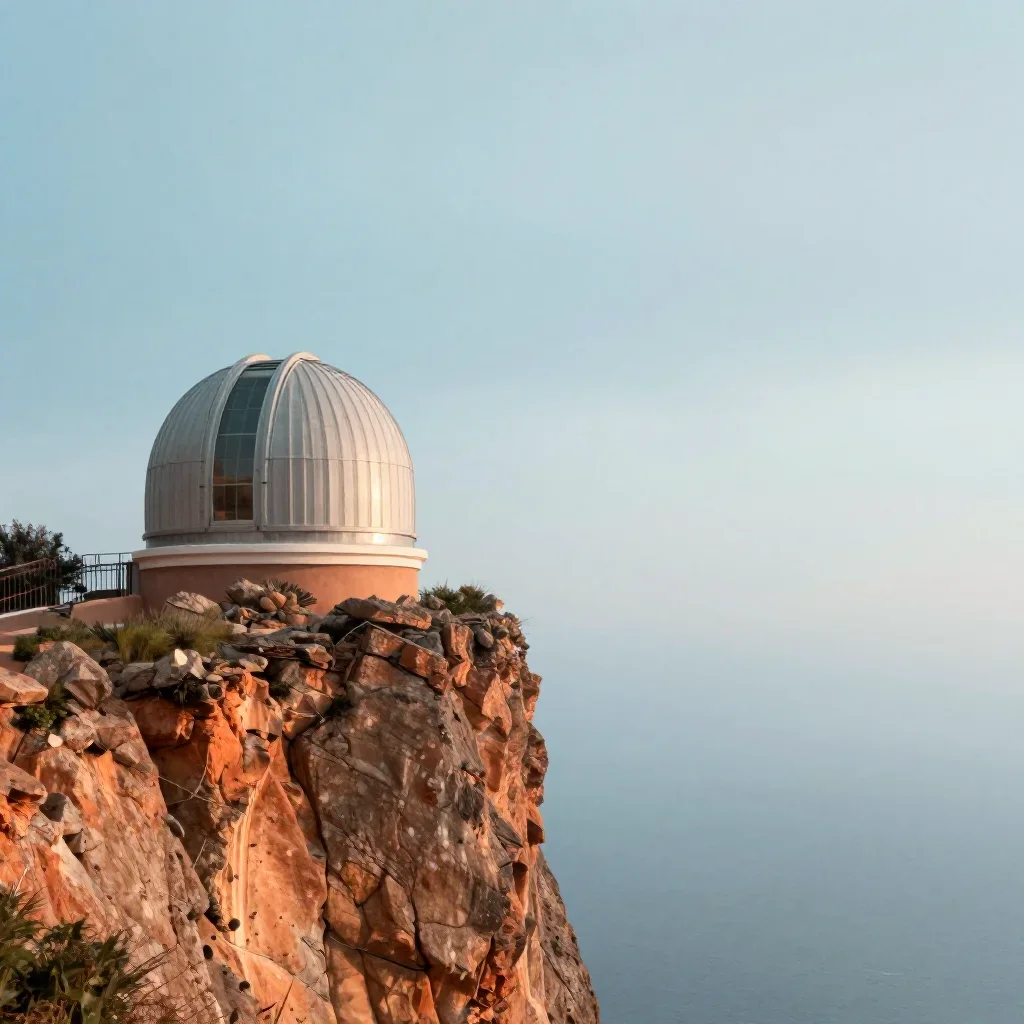 a cliffside observatory after warm summer rain, high-end design magazine photography, calm negative space, terracotta an