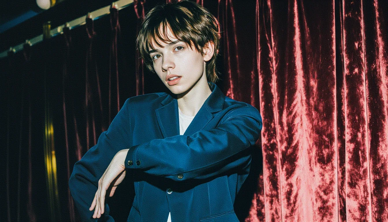an androgynous model in a sharply tailored suit in a graceful contrapposto pose, in a velvet-curtained boudoir, moody Fu