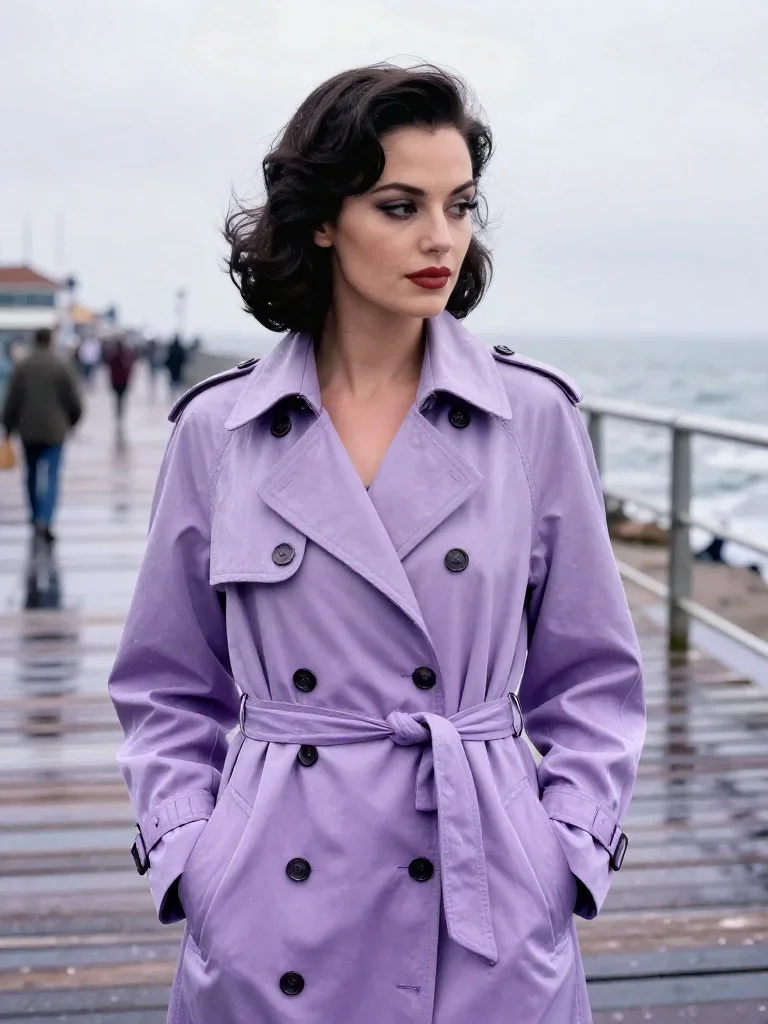 a noir detective's femme fatal muse in a trench coat in a coy glance from under lowered lashes, on a storm-washed boardw