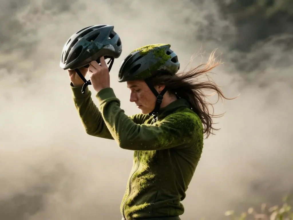a rider removing a helmet, flushed and windblown in a dramatic three-quarter profile, in a smoke-lit photo studio, Natio