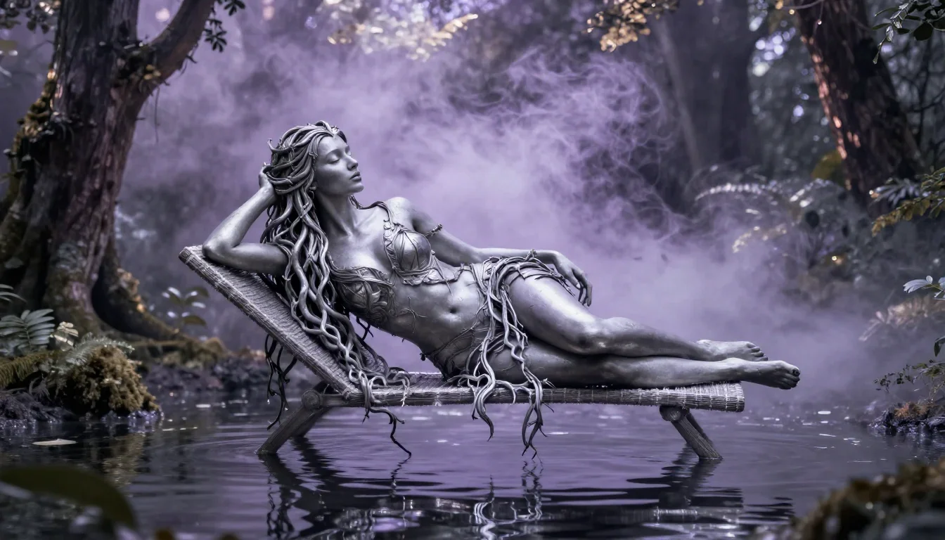 a dryad with vine-woven hair in a forest pool reclining elegantly on a chaise, in a smoke-lit photo studio, Wong Kar-wai