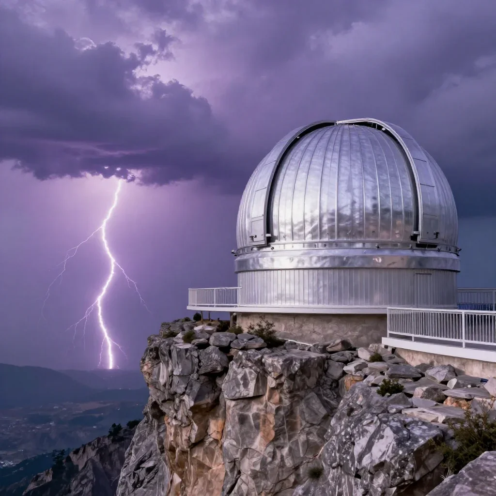 a cliffside observatory after a distant thunderstorm, high-end design magazine photography, crisp material detail, laven