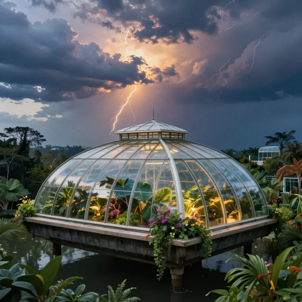 a floating botanical conservatory after a distant thunderstorm, dreamlike fine-art landscape photography, clean natural 