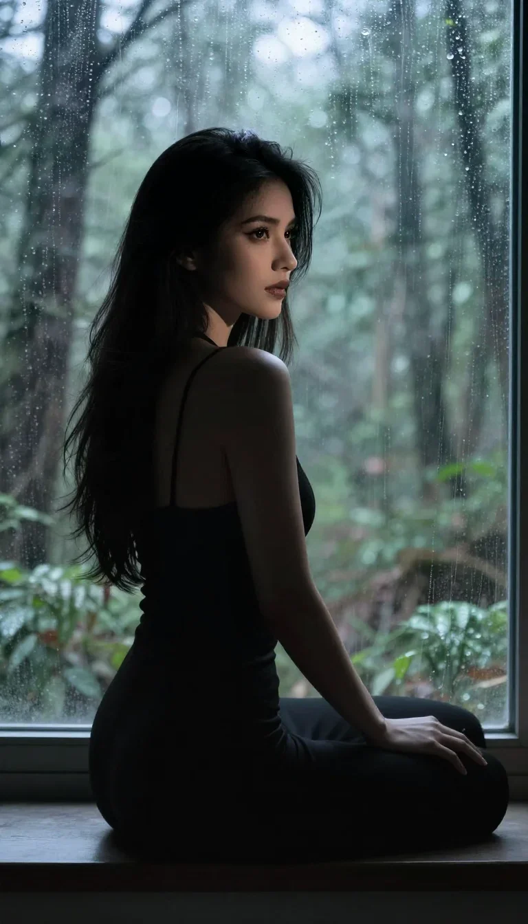 a striking woman with a smoldering over-the-shoulder gaze in a seated silhouette against a window, in a dewy forest clea