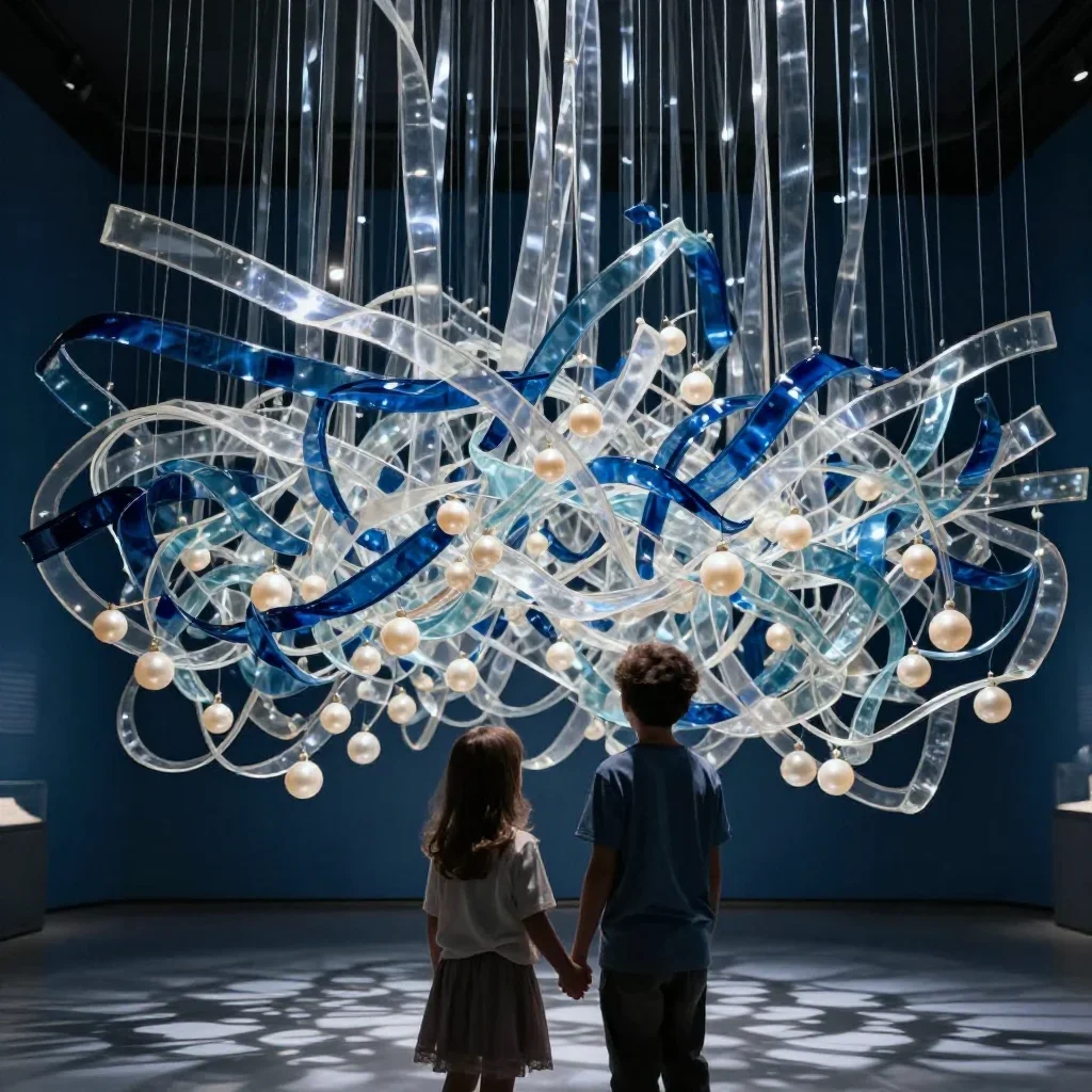 a suspended field of glass ribbons in cool museum light, refined editorial travel photography, atmospheric depth, indigo
