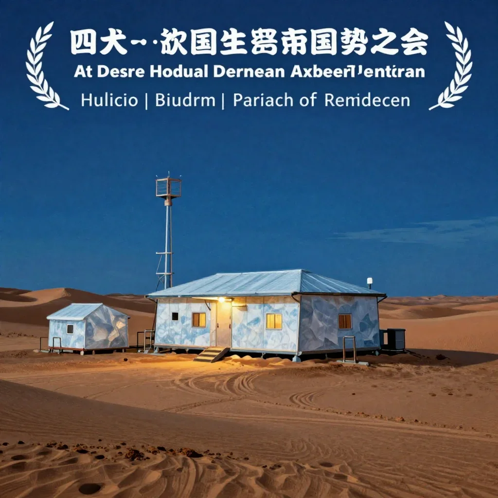 a desert research station at blue hour, Japanese woodblock-inspired editorial art, atmospheric depth, ice blue and warm 