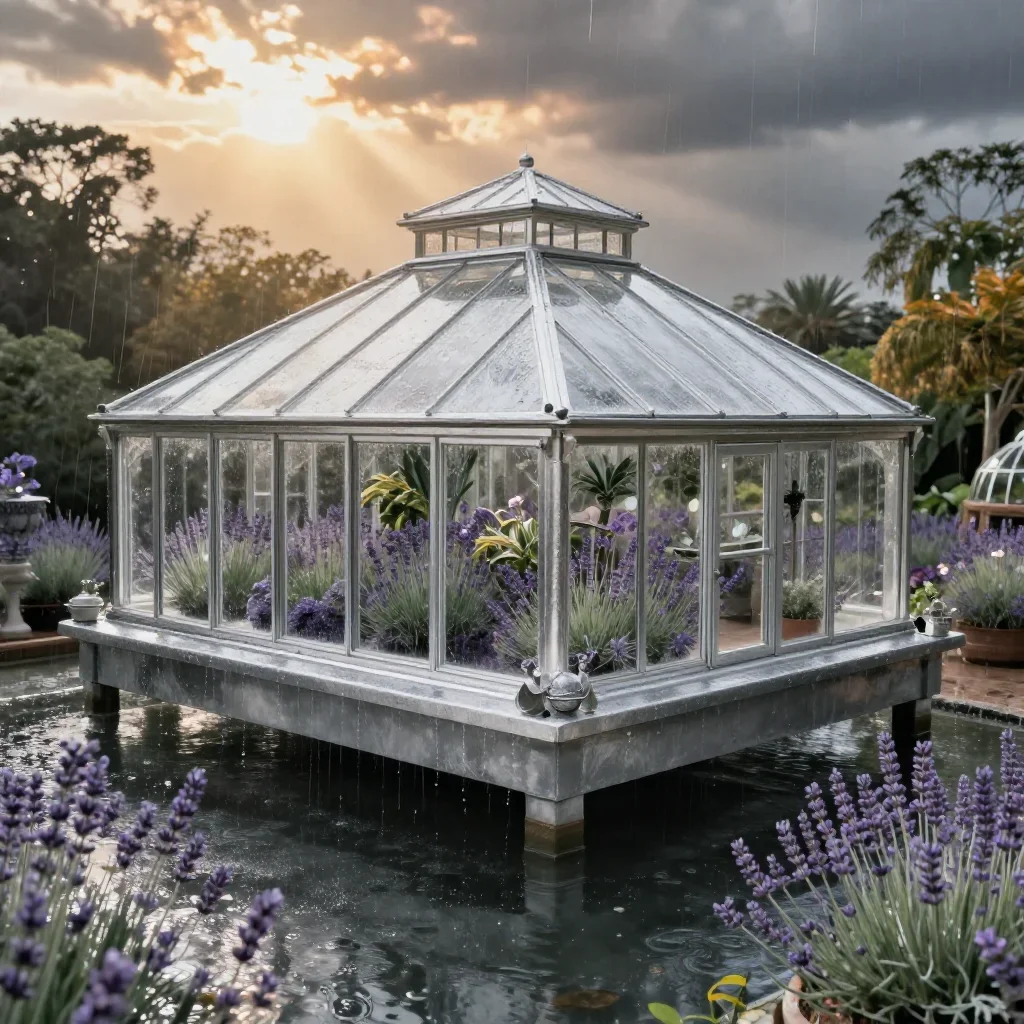 a floating botanical conservatory after warm summer rain, dreamlike fine-art landscape photography, clean natural textur
