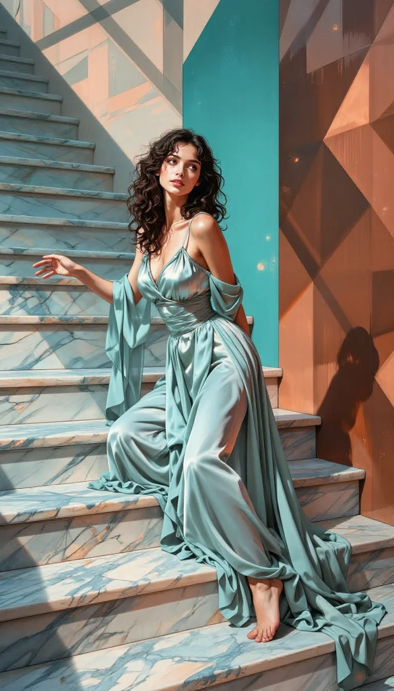 a young woman in a flowing silk gown in a gentle reach toward the lens, on a marble staircase at dawn, Vogue-style studi