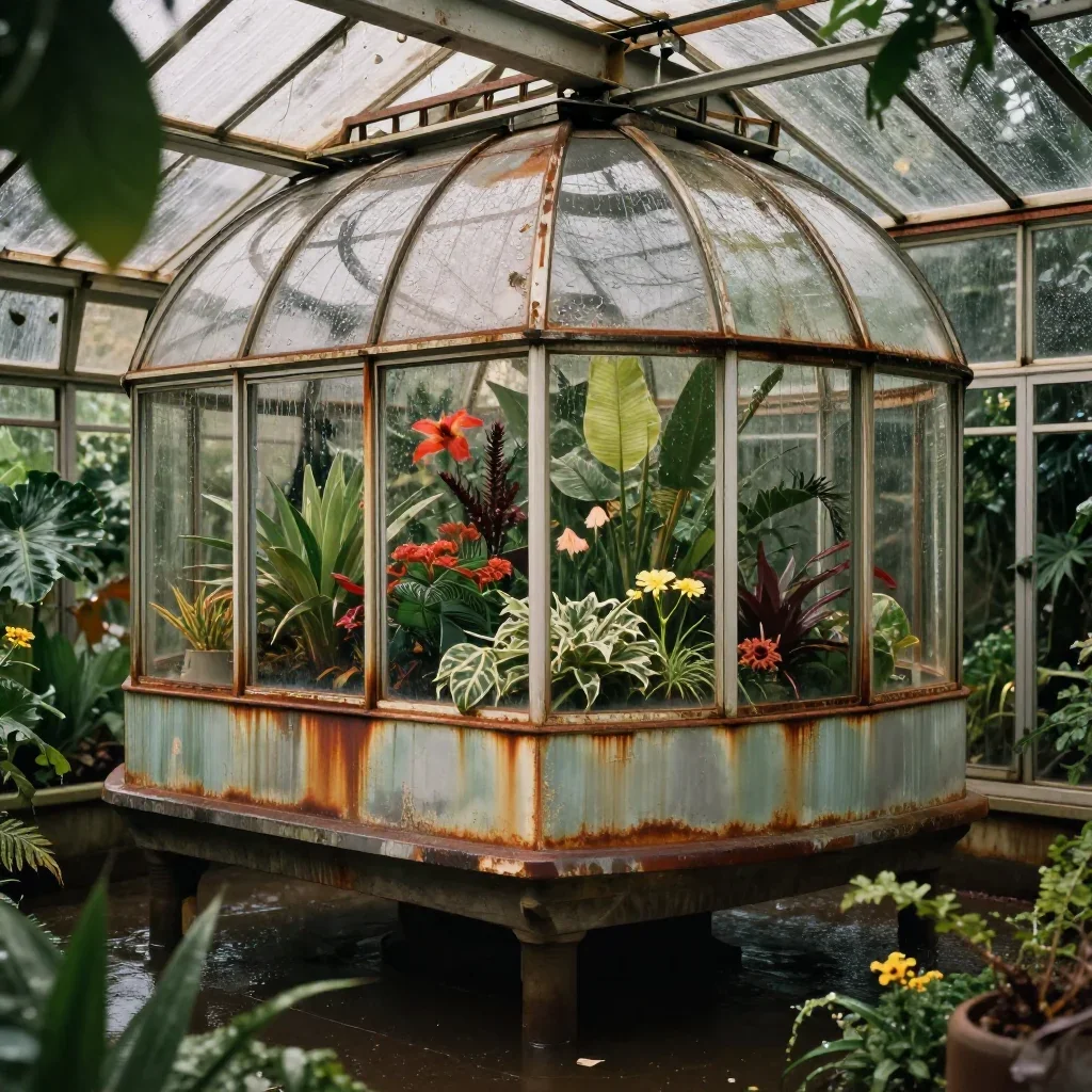 a floating botanical conservatory after warm summer rain, cinematic architectural photography, subtle film grain, rust a