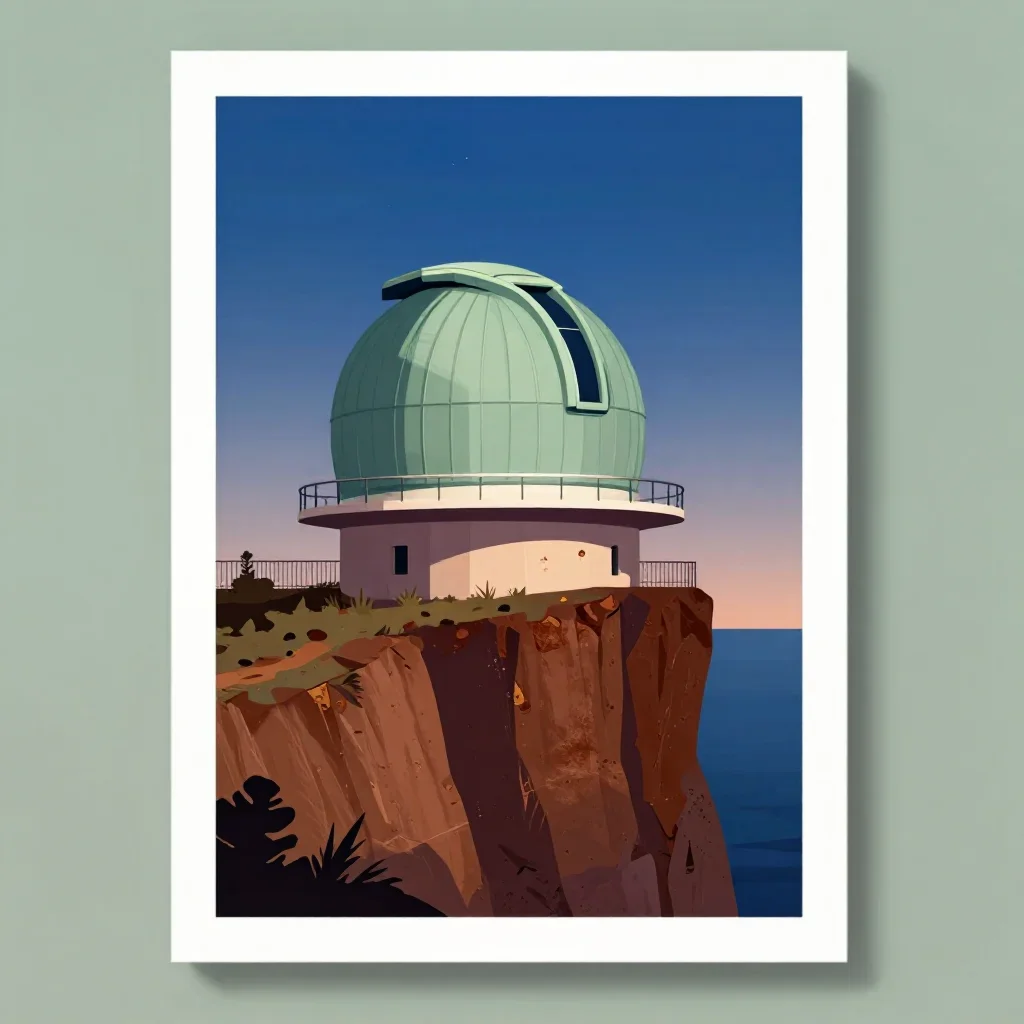 a cliffside observatory at blue hour, modernist poster illustration, careful geometric composition, rust and sage palett