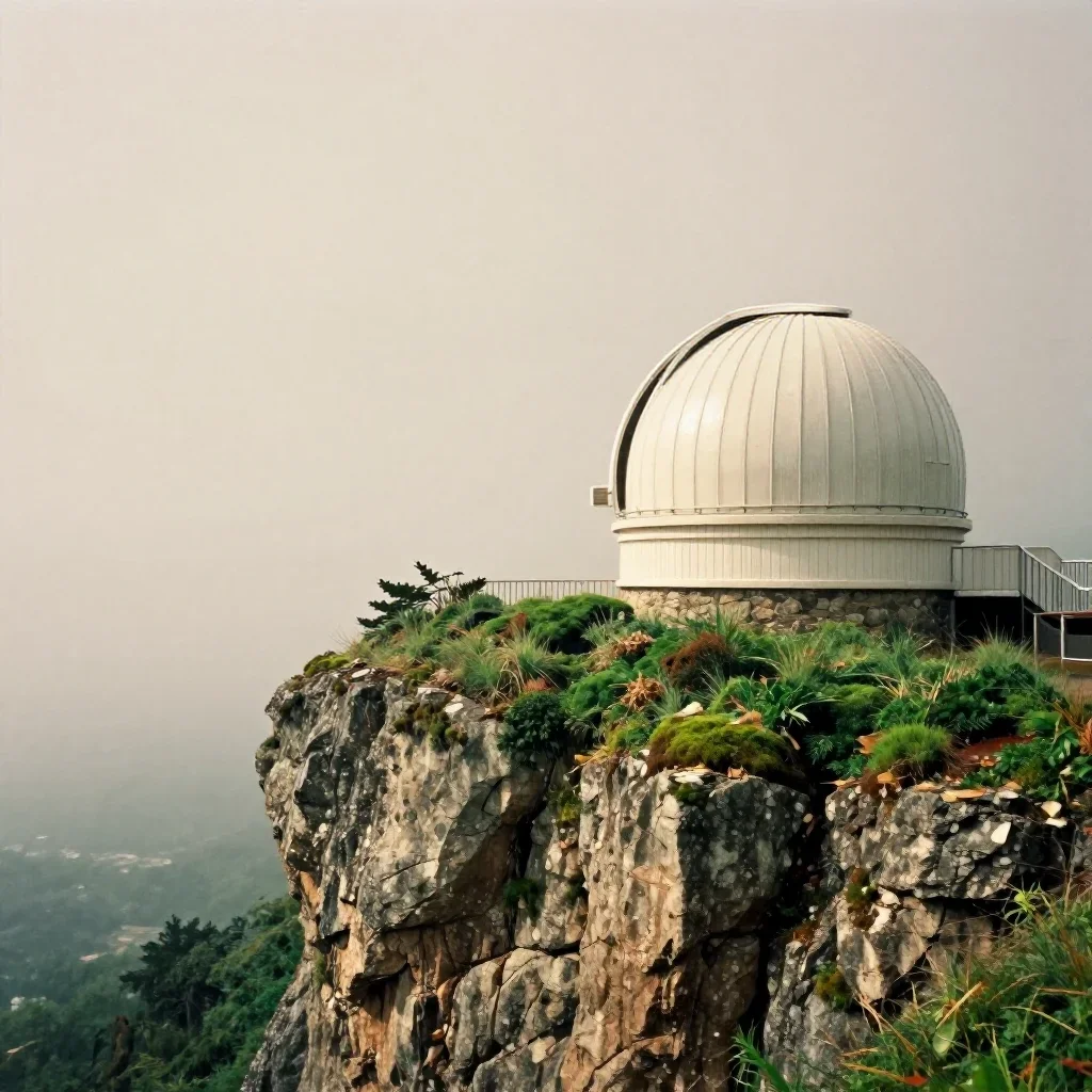 a cliffside observatory after warm summer rain, soft-grain analog film photography, restrained color harmony, moss green