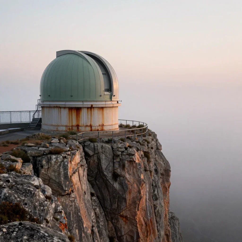 a cliffside observatory under soft dawn fog, dreamlike fine-art landscape photography, clean natural textures, rust and 
