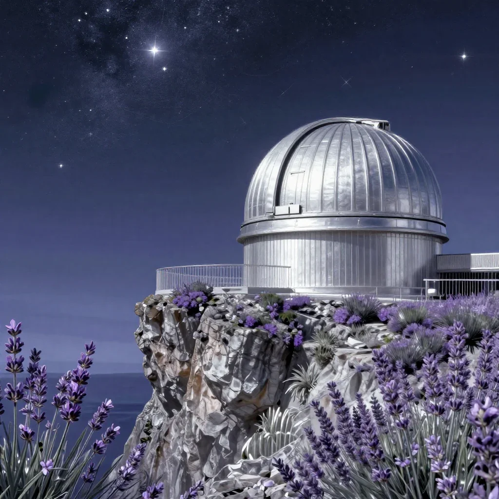 a cliffside observatory beneath a star-filled sky, contemporary botanical illustration, crisp material detail, lavender 
