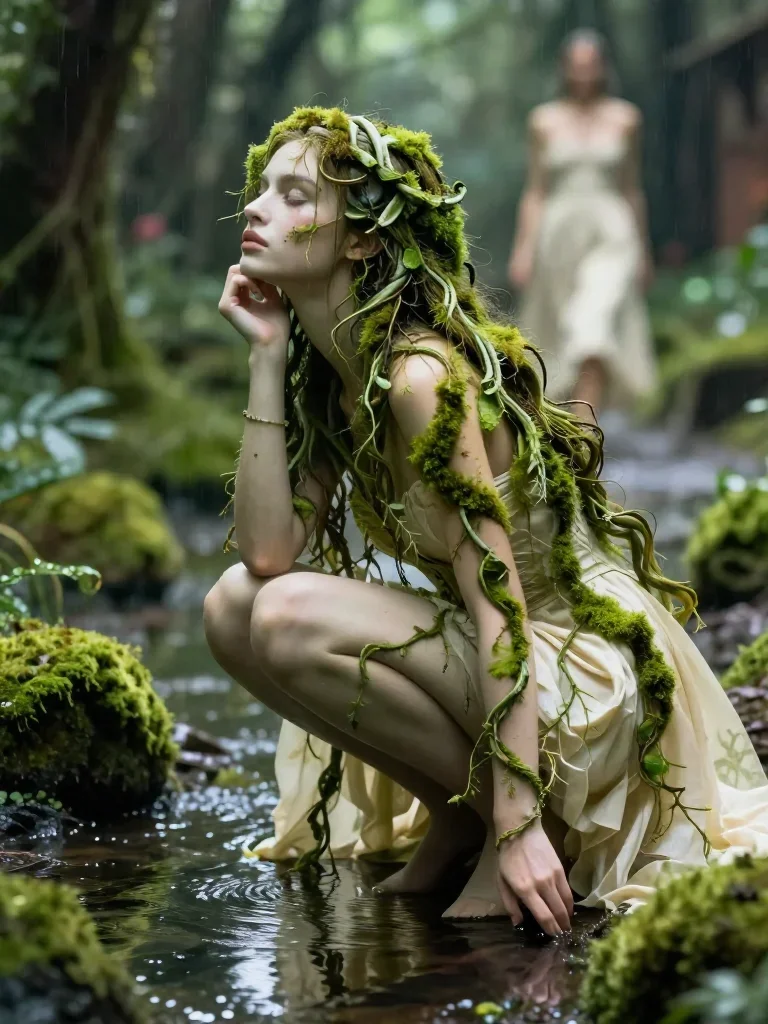 a dryad with vine-woven hair in a forest pool in a low lunge with a lifted chin, in a rain-slick neon alley, high-fashio