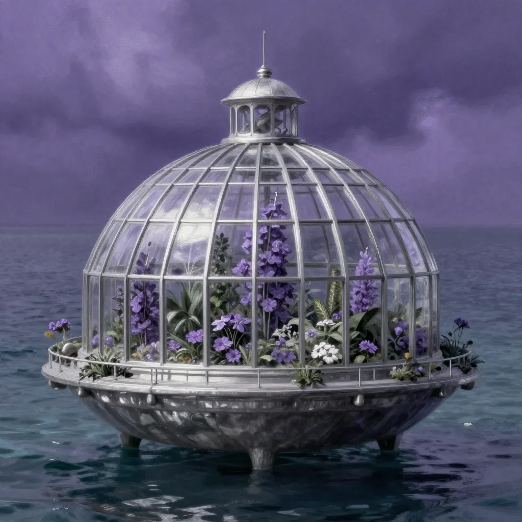 a floating botanical conservatory in a gentle sea breeze, quiet science-fiction concept art, restrained color harmony, l