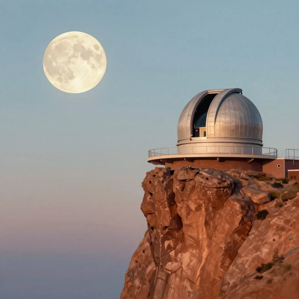 a cliffside observatory at moonrise, modernist poster illustration, calm negative space, terracotta and pale sky blue pa