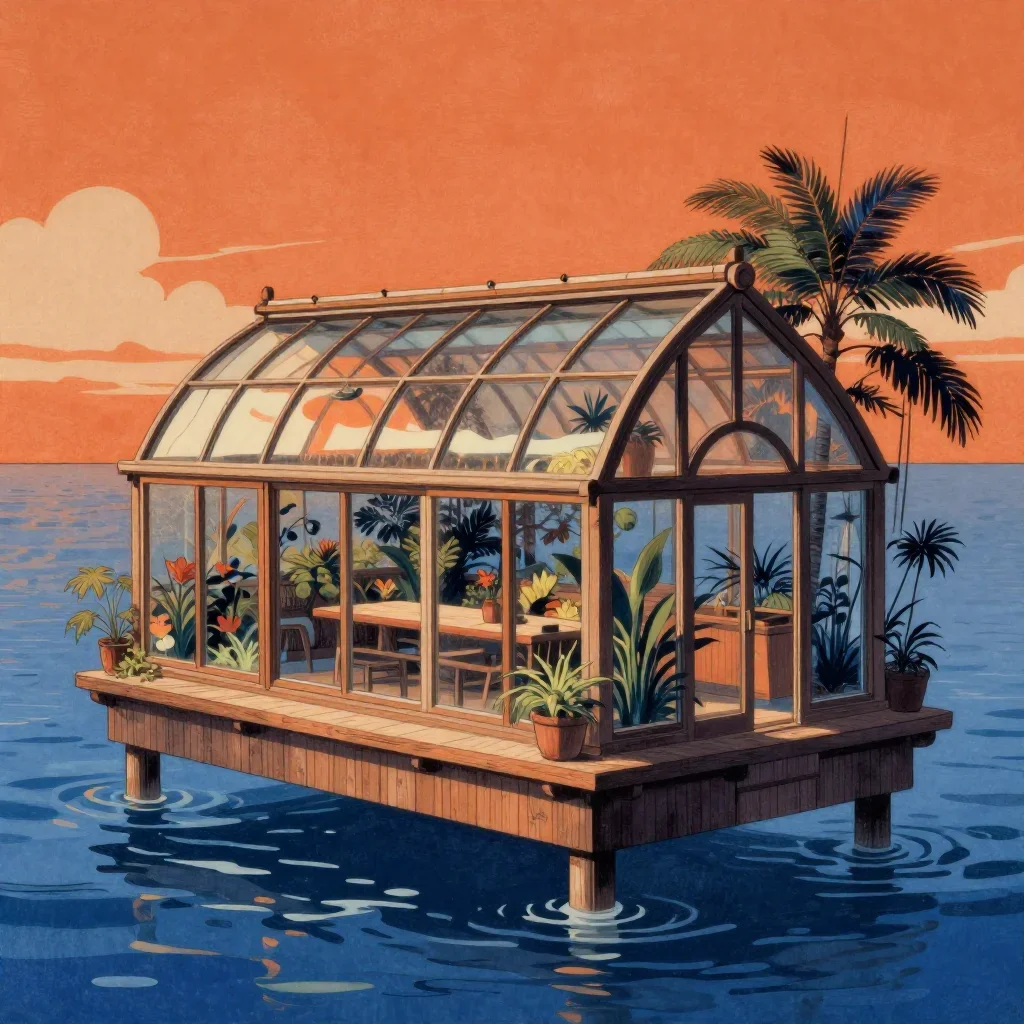 a floating botanical conservatory in a gentle sea breeze, Japanese woodblock-inspired editorial art, atmospheric depth, 