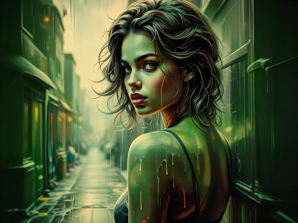 a striking woman with a smoldering over-the-shoulder gaze in a dramatic three-quarter profile, in a rain-slick neon alle