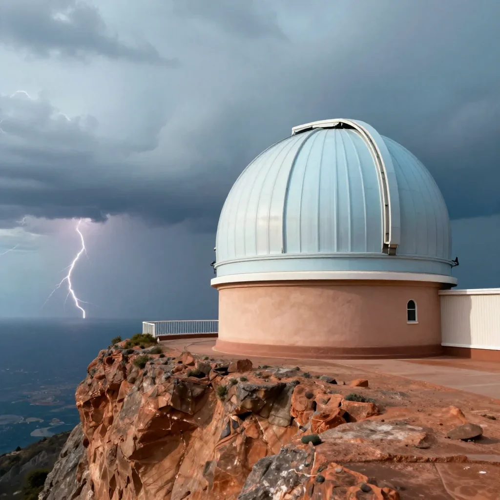 a cliffside observatory after a distant thunderstorm, museum-quality still-life photography, soft volumetric light, terr