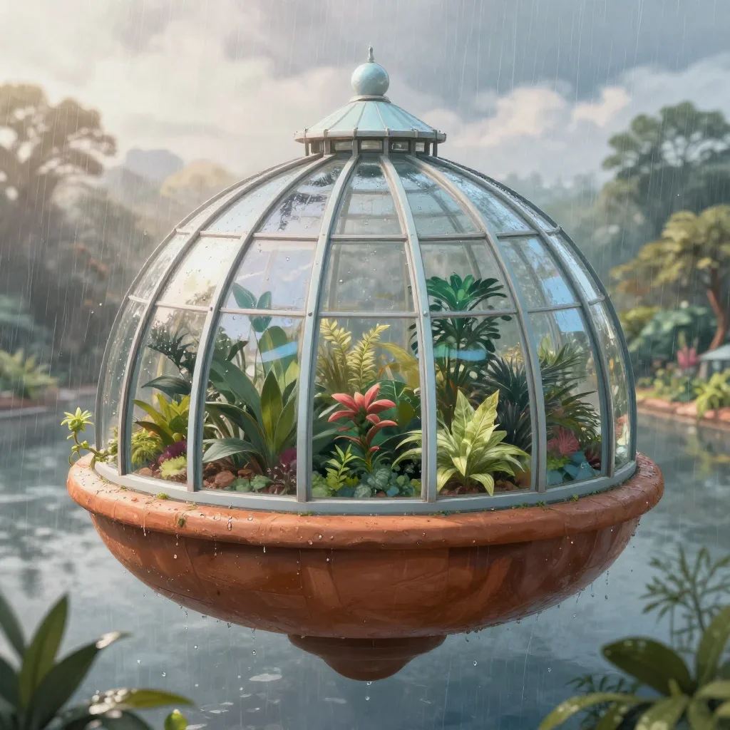 a floating botanical conservatory after warm summer rain, quiet science-fiction concept art, clean natural textures, ter