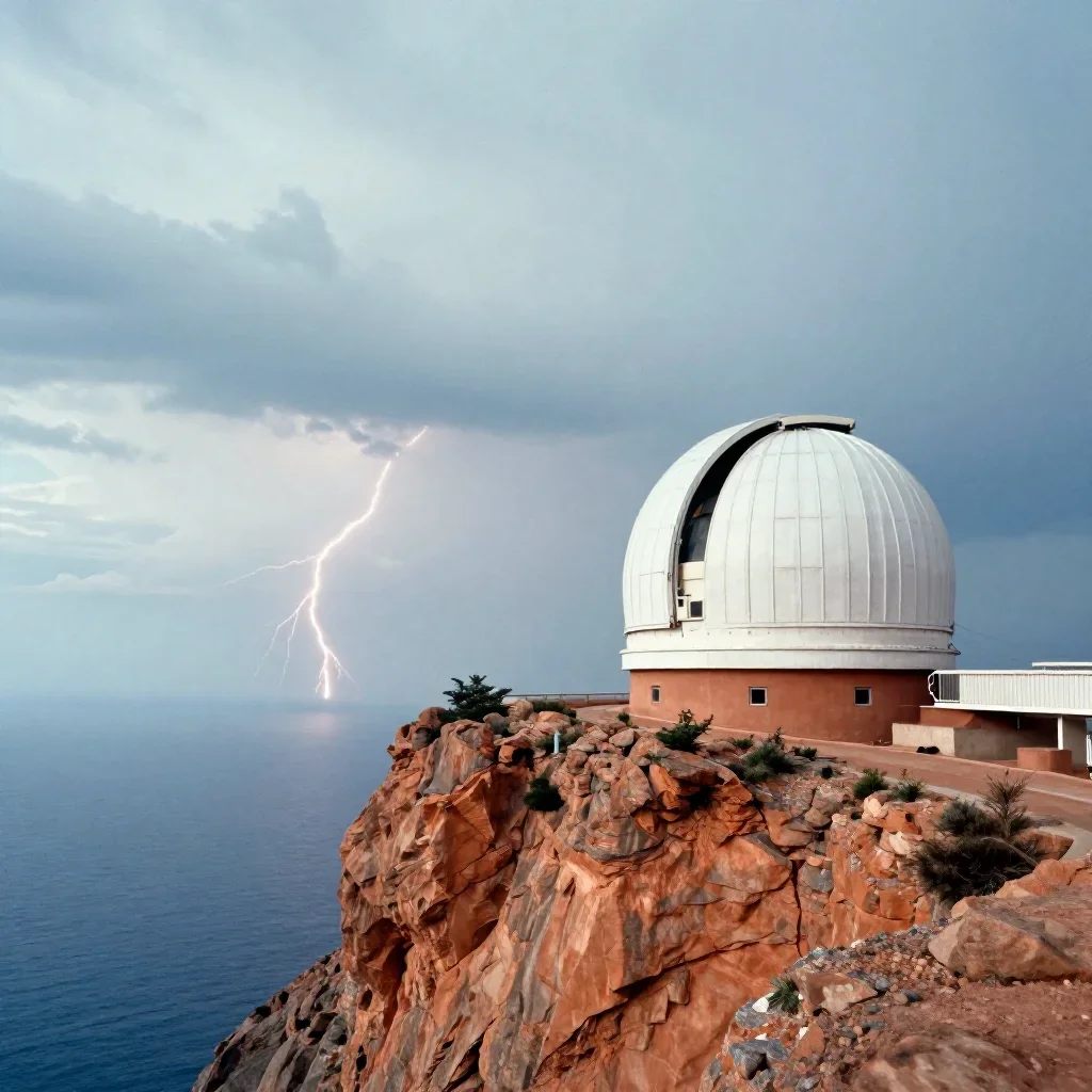 a cliffside observatory after a distant thunderstorm, high-end design magazine photography, subtle film grain, terracott