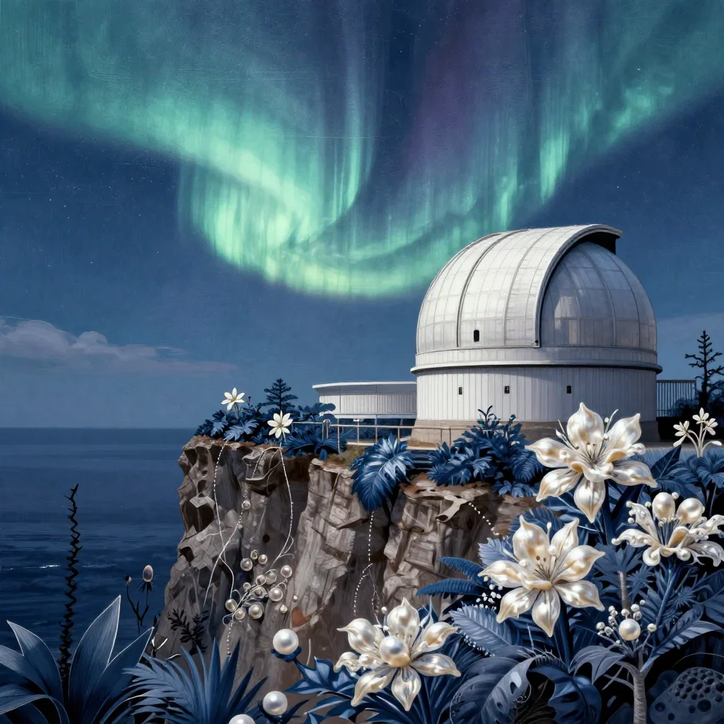 a cliffside observatory beneath an aurora, contemporary botanical illustration, crisp material detail, indigo and pearl 