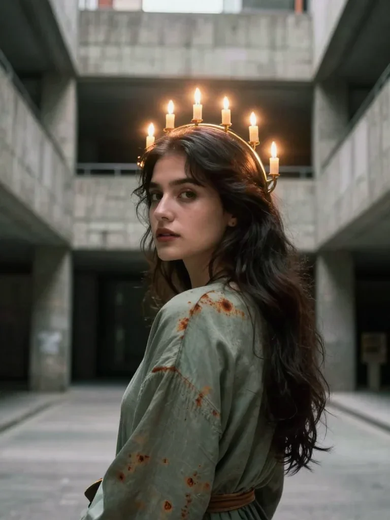 a celestial priestess with haloed candlelight in an alluring over-the-shoulder glance, in a brutalist concrete atrium, m