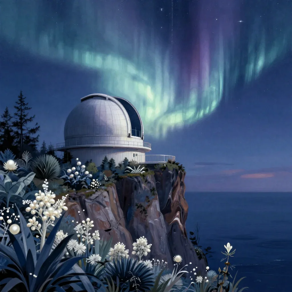a cliffside observatory beneath an aurora, contemporary botanical illustration, soft volumetric light, indigo and pearl