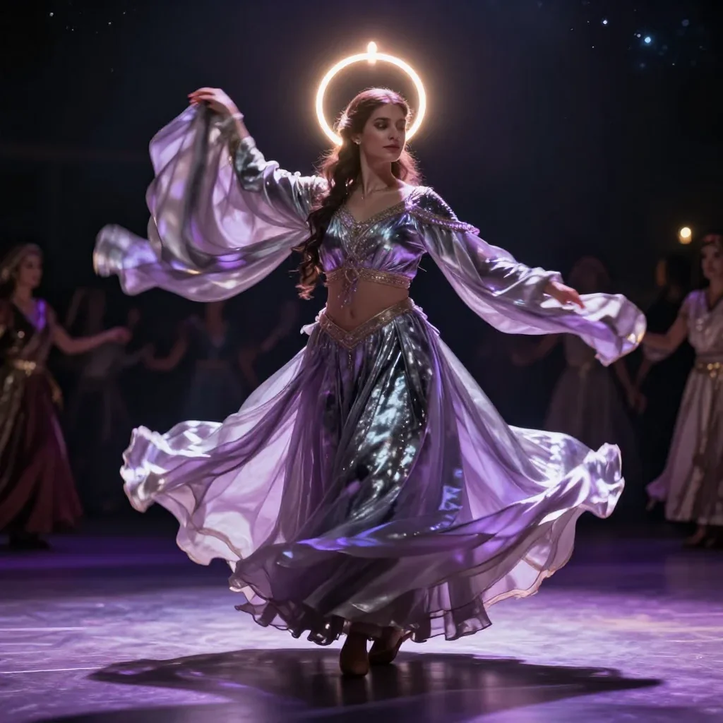 a celestial priestess with haloed candlelight mid-turn with fabric catching the light, on a midnight dance floor, cinema