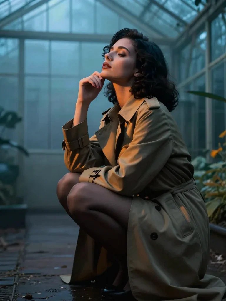 a noir detective's femme fatal muse in a trench coat in a low lunge with a lifted chin, in a greenhouse humid with mist,