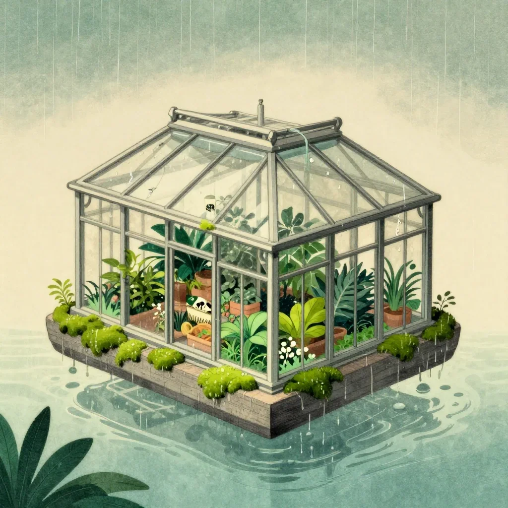 a floating botanical conservatory after warm summer rain, Japanese woodblock-inspired editorial art, subtle film grain,