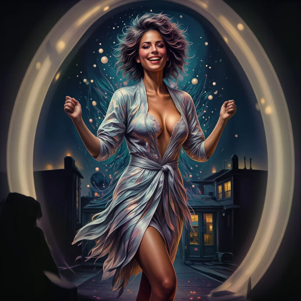 a smiley lounge singer in a satin robe in a confident cinematic stride, on a neon-lit rooftop at midnight, dreamlike fan