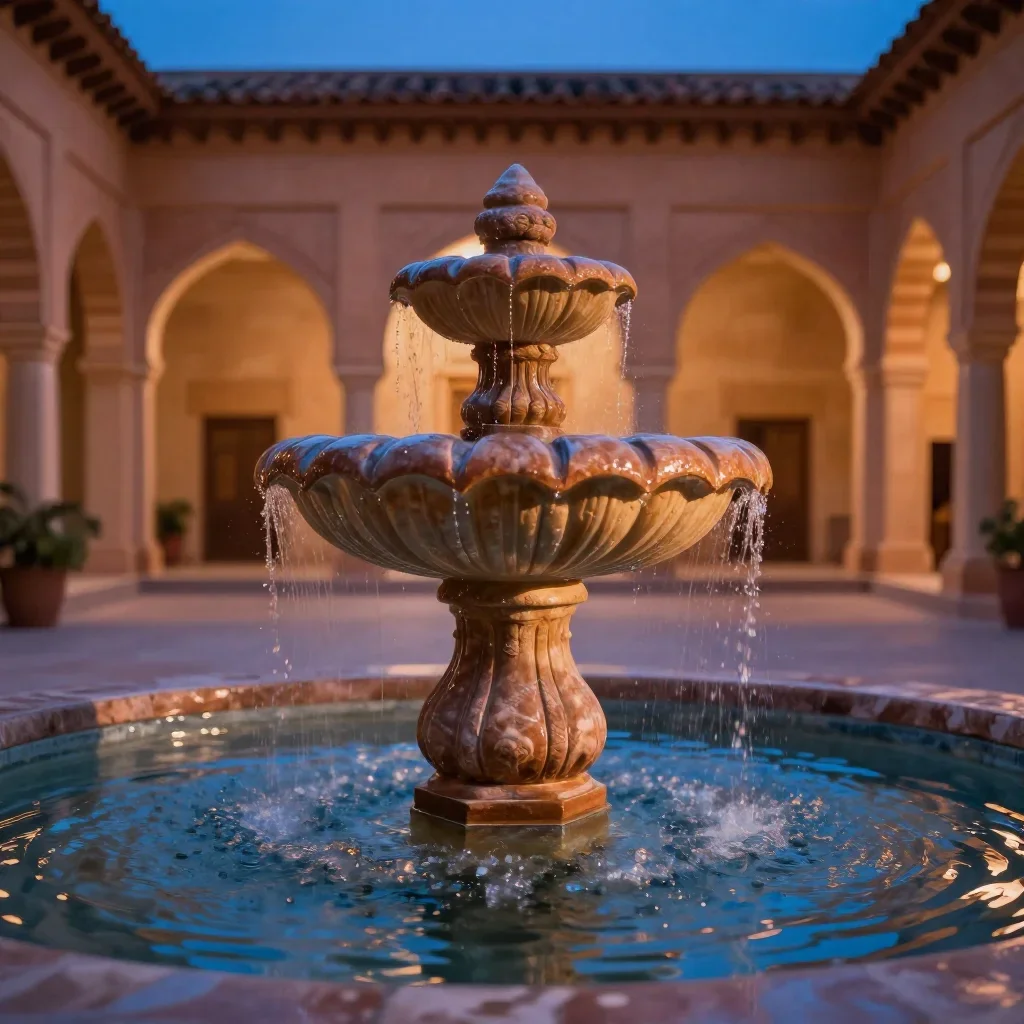 a hidden courtyard fountain at blue hour, macro natural-history photography, crisp material detail, ochre and ultramarin