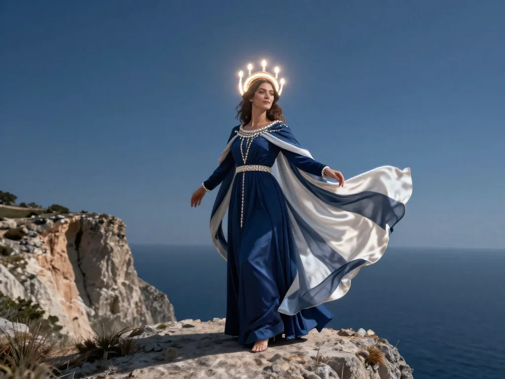 a celestial priestess with haloed candlelight mid-turn with fabric catching the light, on a sun-drenched cliffside, Vogu
