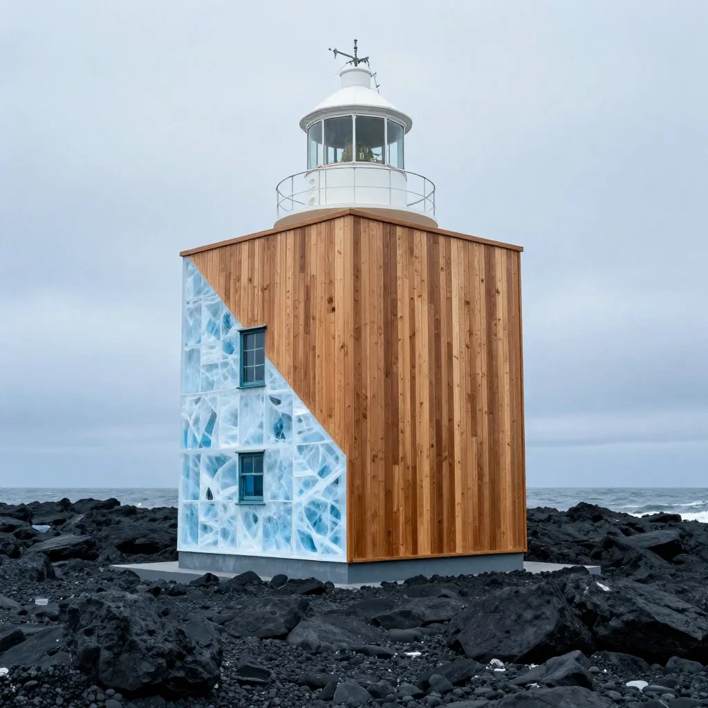 a lighthouse on black basalt under diffused skylight, cinematic architectural photography, careful geometric composition