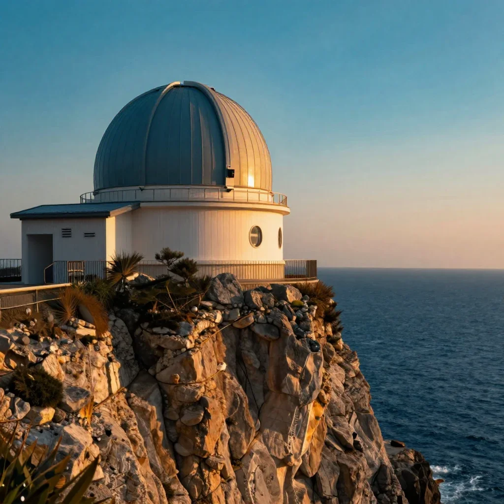 a cliffside observatory in a gentle sea breeze, cinematic architectural photography, crisp material detail, cobalt and a