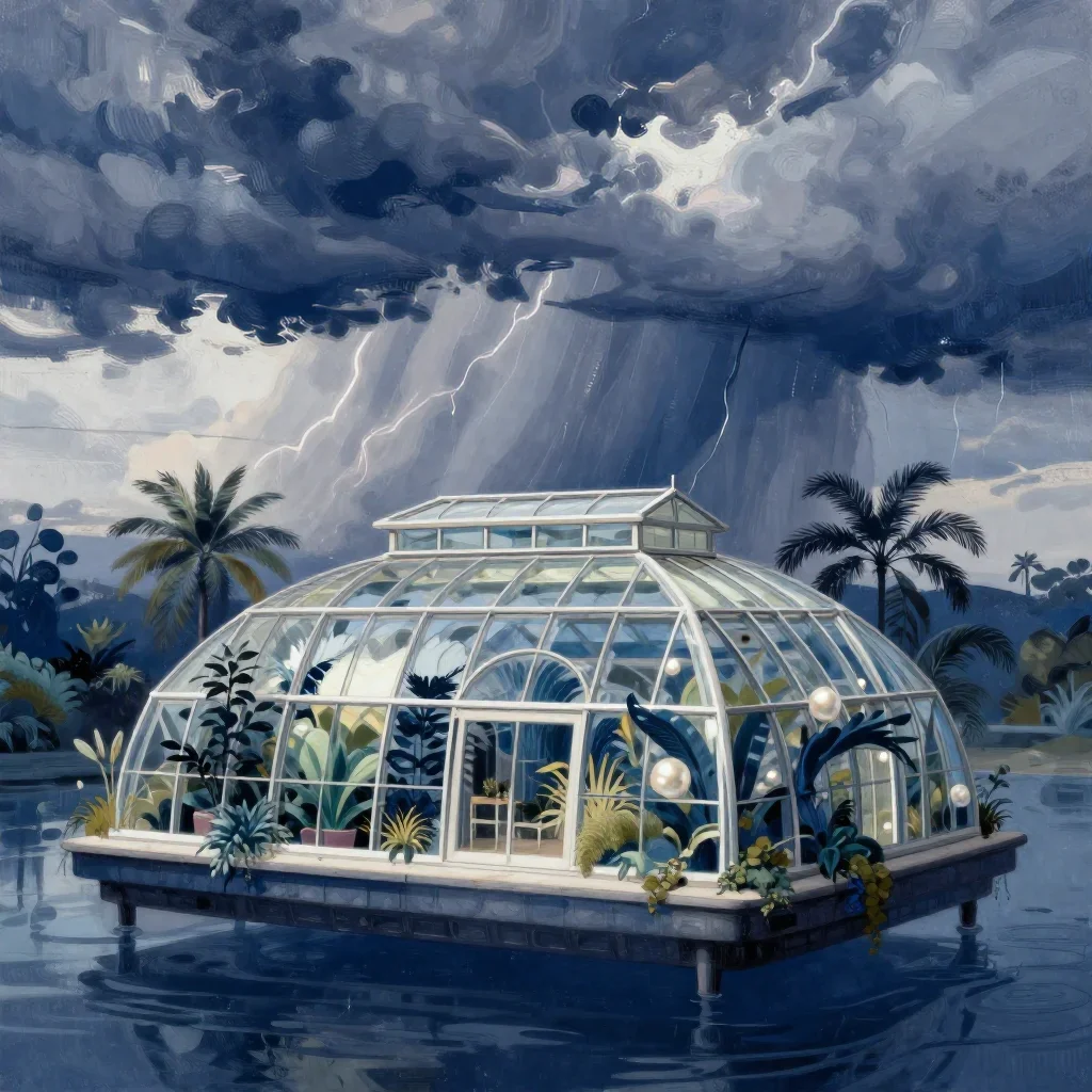a floating botanical conservatory after a distant thunderstorm, contemporary botanical illustration, restrained color ha
