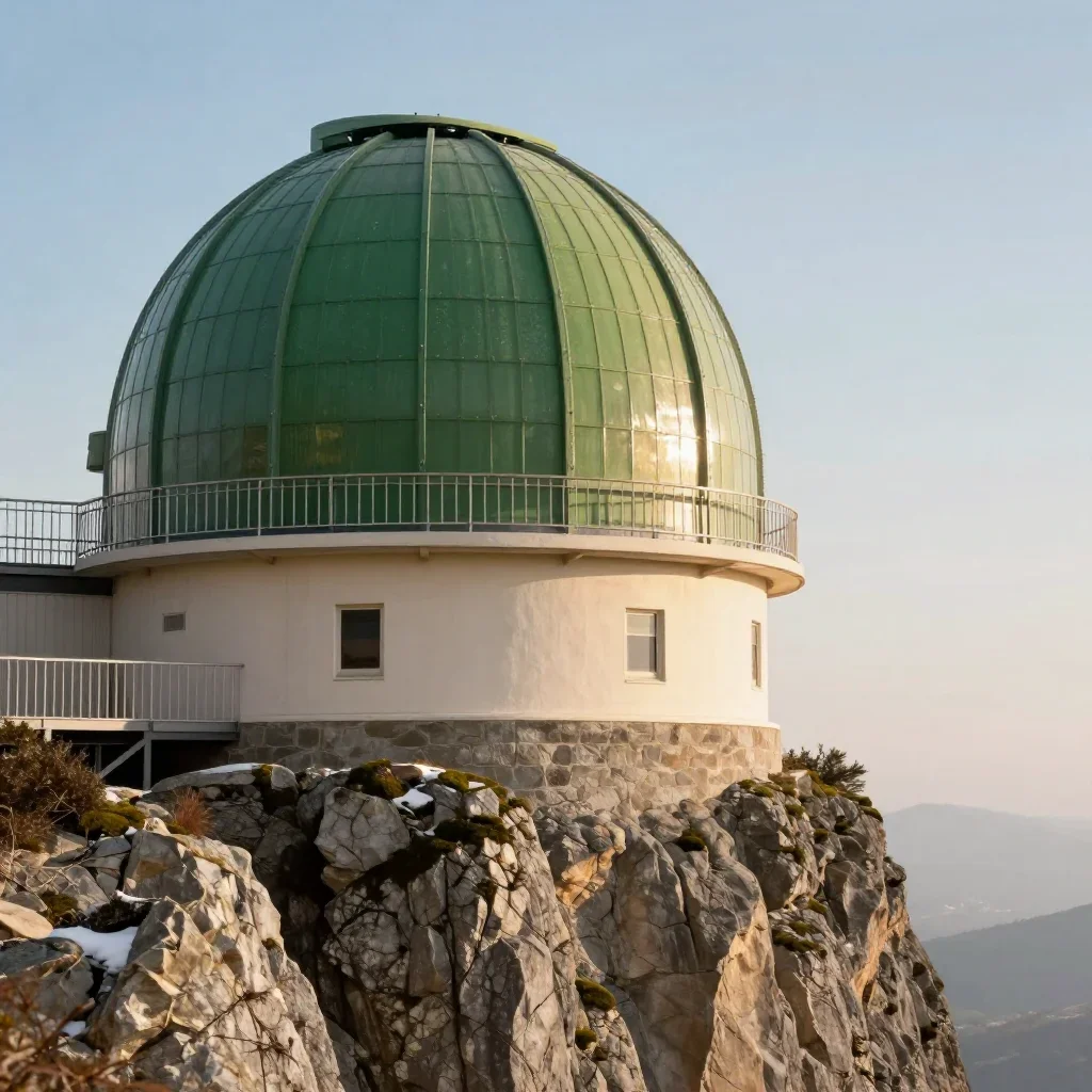 a cliffside observatory in crisp winter sunlight, cinematic architectural photography, gentle reflected light, moss gree