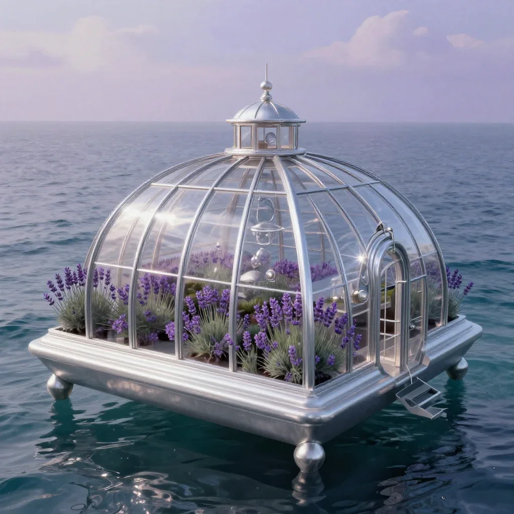 a floating botanical conservatory in a gentle sea breeze, quiet science-fiction concept art, clean natural textures, lav