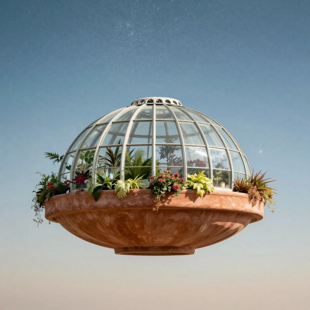 a floating botanical conservatory beneath a star-filled sky, high-end design magazine photography, calm negative space, 