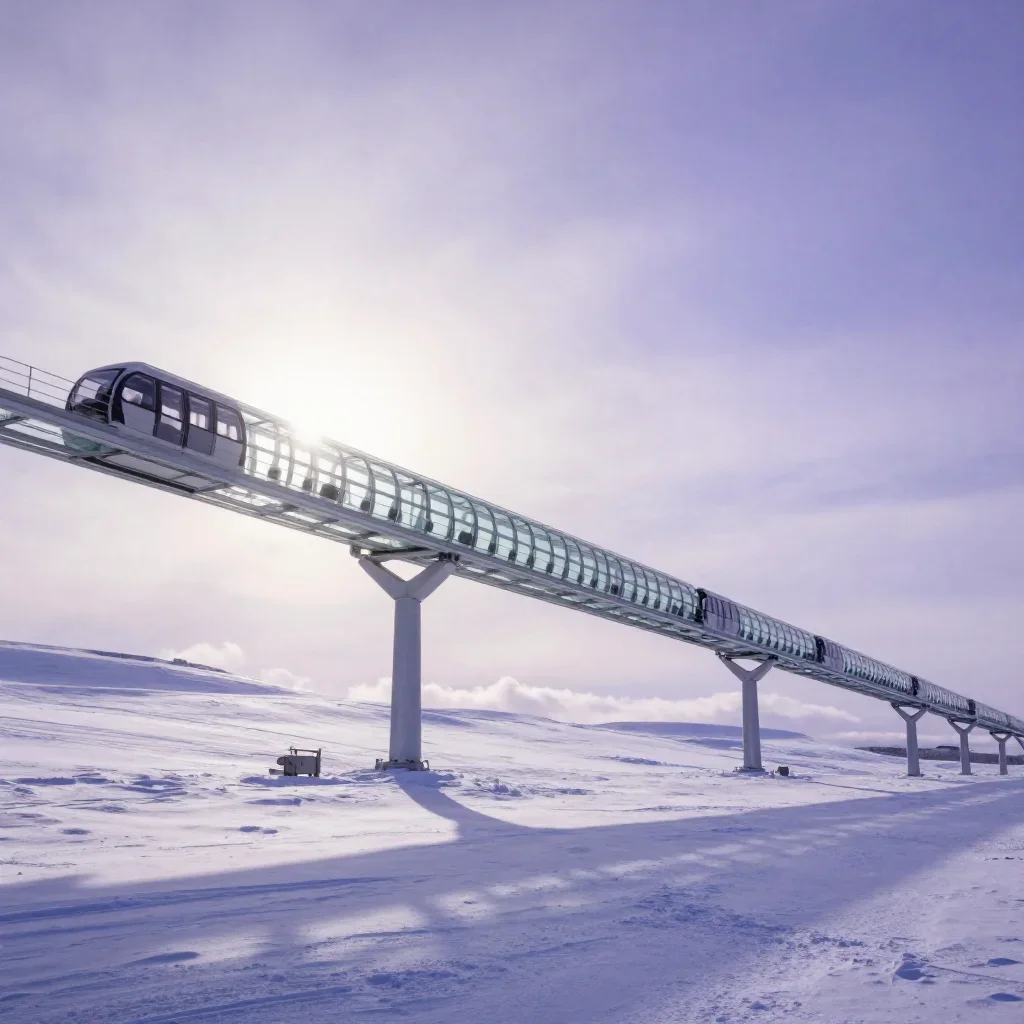 a glass monorail in crisp winter sunlight, dreamlike fine-art landscape photography, calm negative space, lavender and s