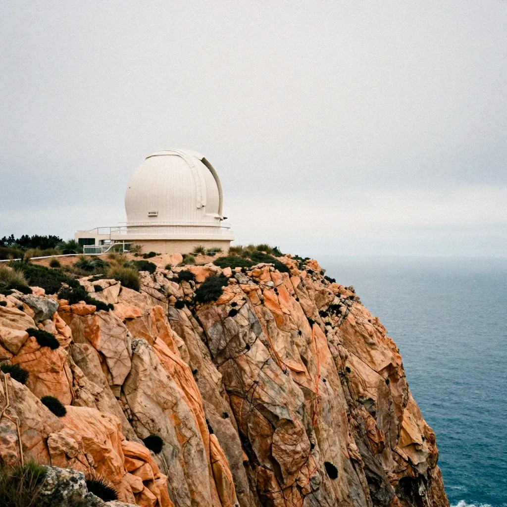 a cliffside observatory under overcast coastal light, soft-grain analog film photography, restrained color harmony, ochr