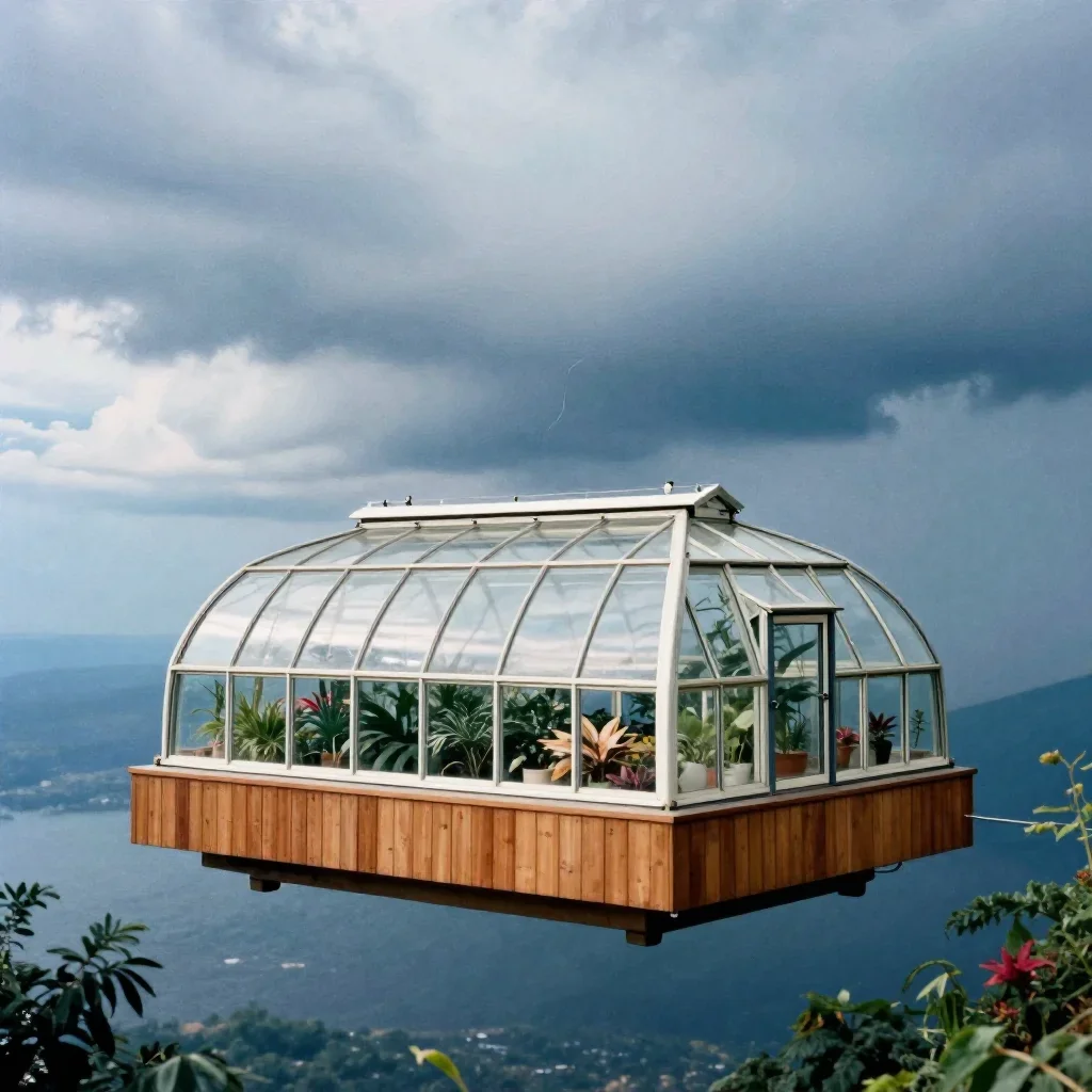 a floating botanical conservatory after a distant thunderstorm, soft-grain analog film photography, restrained color har