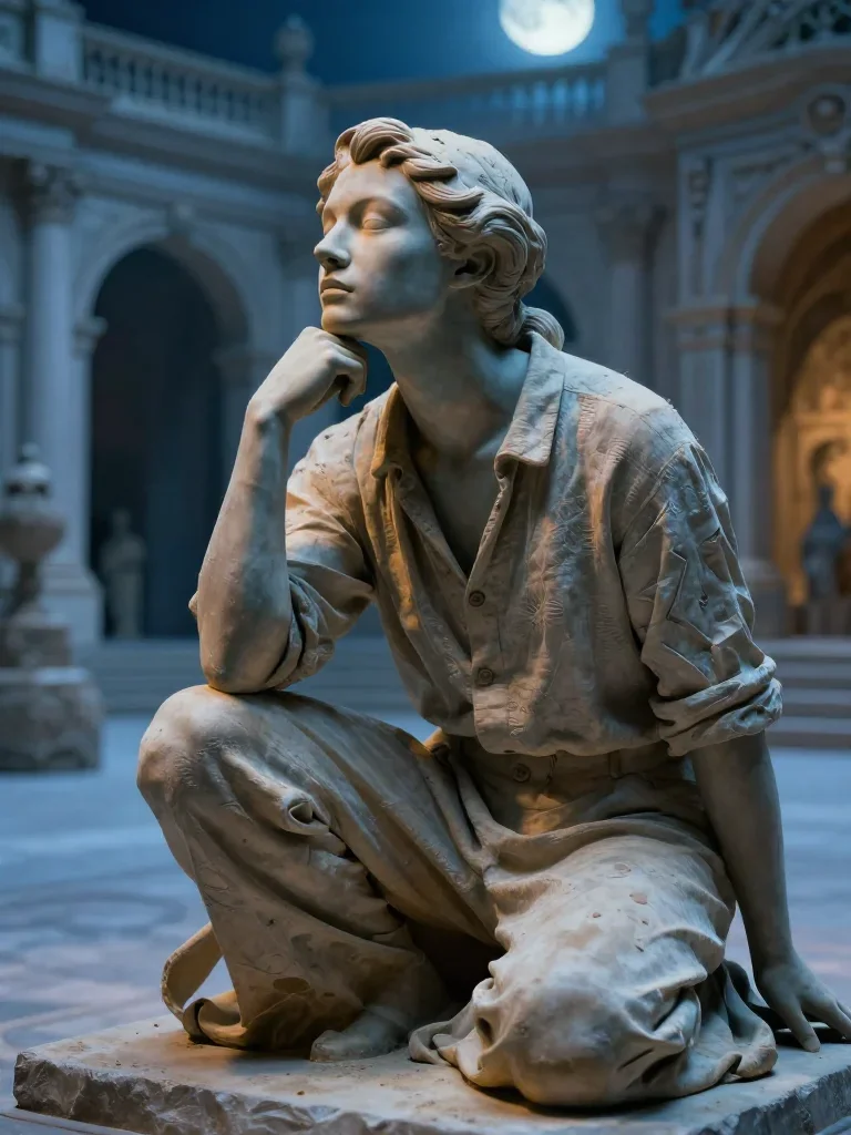 a sculptor at rest in a linen shirt, dust-hazed in a low lunge with a lifted chin, in a moonlit palace courtyard, futuri