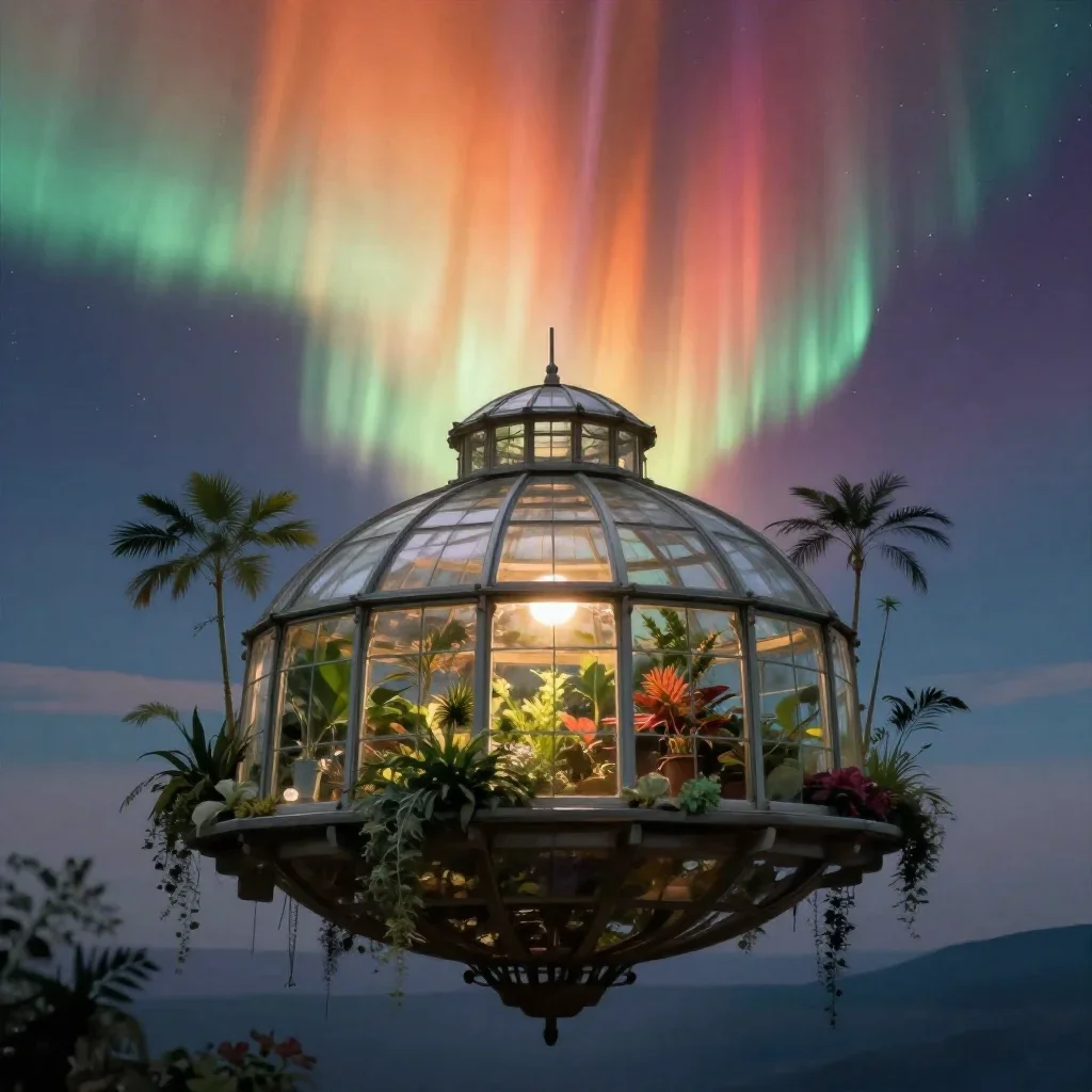 a floating botanical conservatory beneath an aurora, quiet science-fiction concept art, soft volumetric light, ochre and