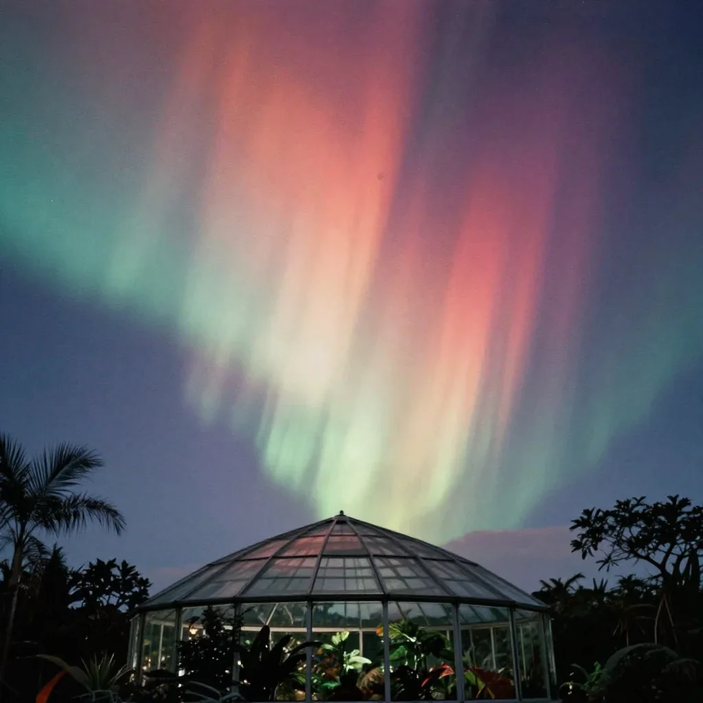 a floating botanical conservatory beneath an aurora, soft-grain analog film photography, soft volumetric light, ochre an