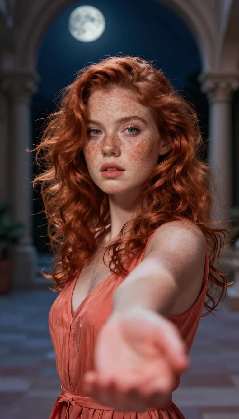 a muse with freckles and wind-tousled copper hair in a gentle reach toward the lens, in a moonlit palace courtyard, neo-